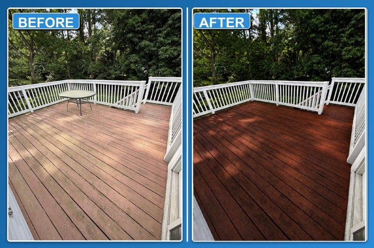 Before and after comparison of a wooden deck staining, showing faded light wood transformed to rich dark brown finish
