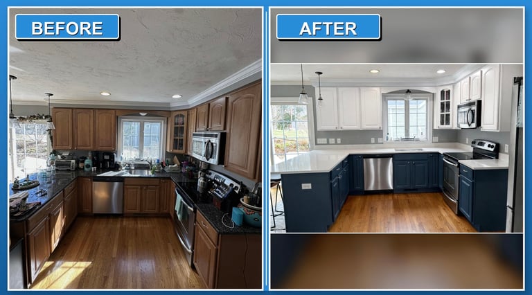 Kitchen renovation comparison showing before and after remodeling with updated cabinetry and modern finishes