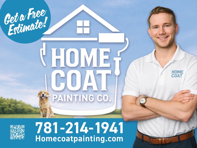 Home Coat Painting Co. professional painter in white polo shirt with house logo, phone number 781-214-1941, and Get a Free Estimates banner