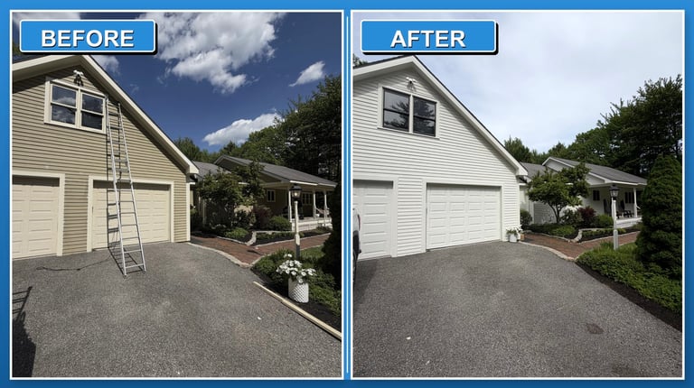 Before and after comparison of a house exterior. Before shows ladder leaning on garage; after shows clean garage without ladder.
