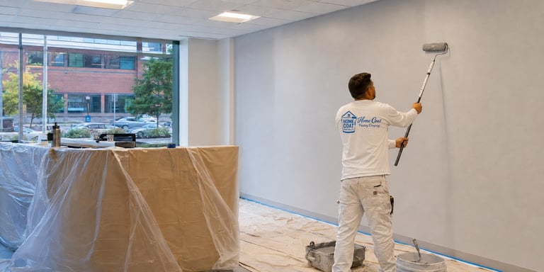 Worker in protective gear painting white wall with roller in empty retail space under renovation