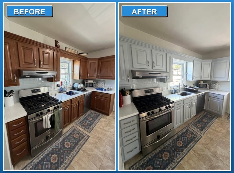 Before and after kitchen renovation showing dark wood cabinets transformed to white painted cabinets with updated appliances